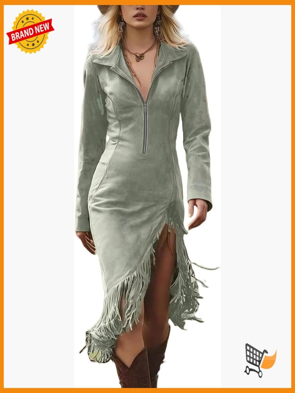 Western Suede Midi Dress Lapel Zip Up Long Sleeve Tassel Hem Slim Fit
